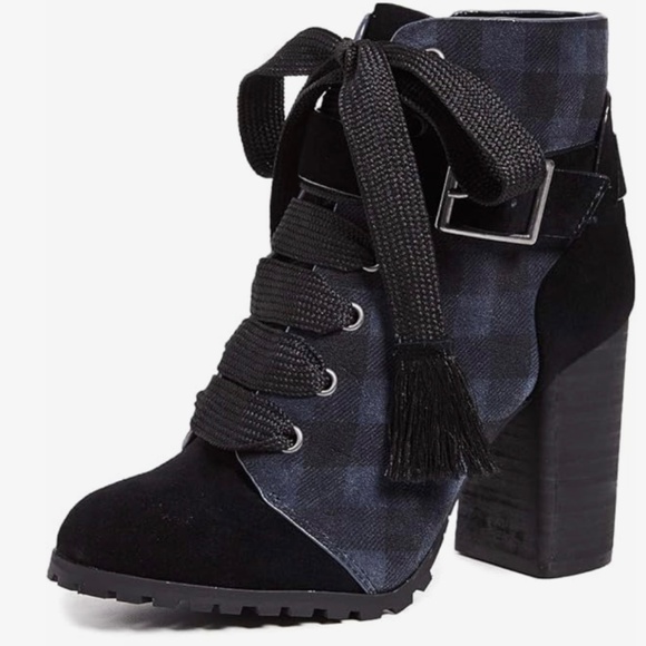 Splendid Celine High Heeled Suede Ankle Boots Black Gray Plaid SZ 9.5 NWOT - Picture 2 of 16